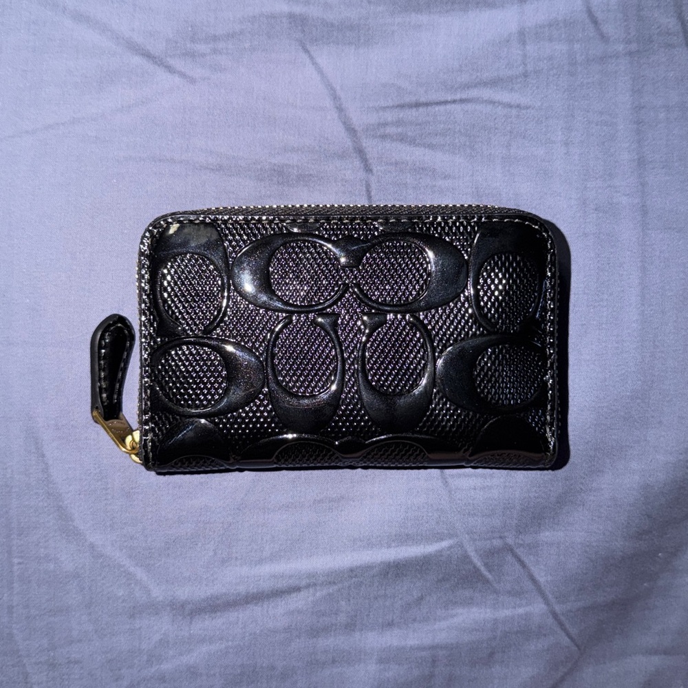 Coach Black Patent Zip Card Wallet